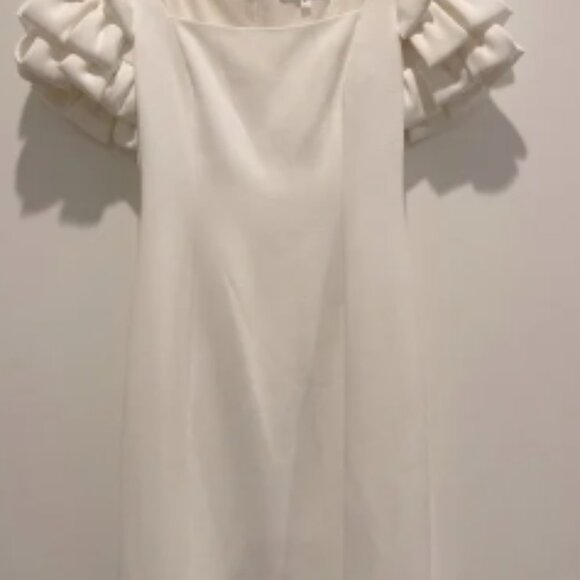 Badgley Mischka Cream Midi Dress Puff Origami Sleeves Square Neck size 8 NWOT - Picture 1 of 6
